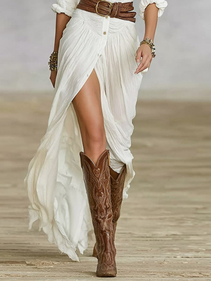 Karolína – Rochie lungă înfășurată cu curea și manșete plisate